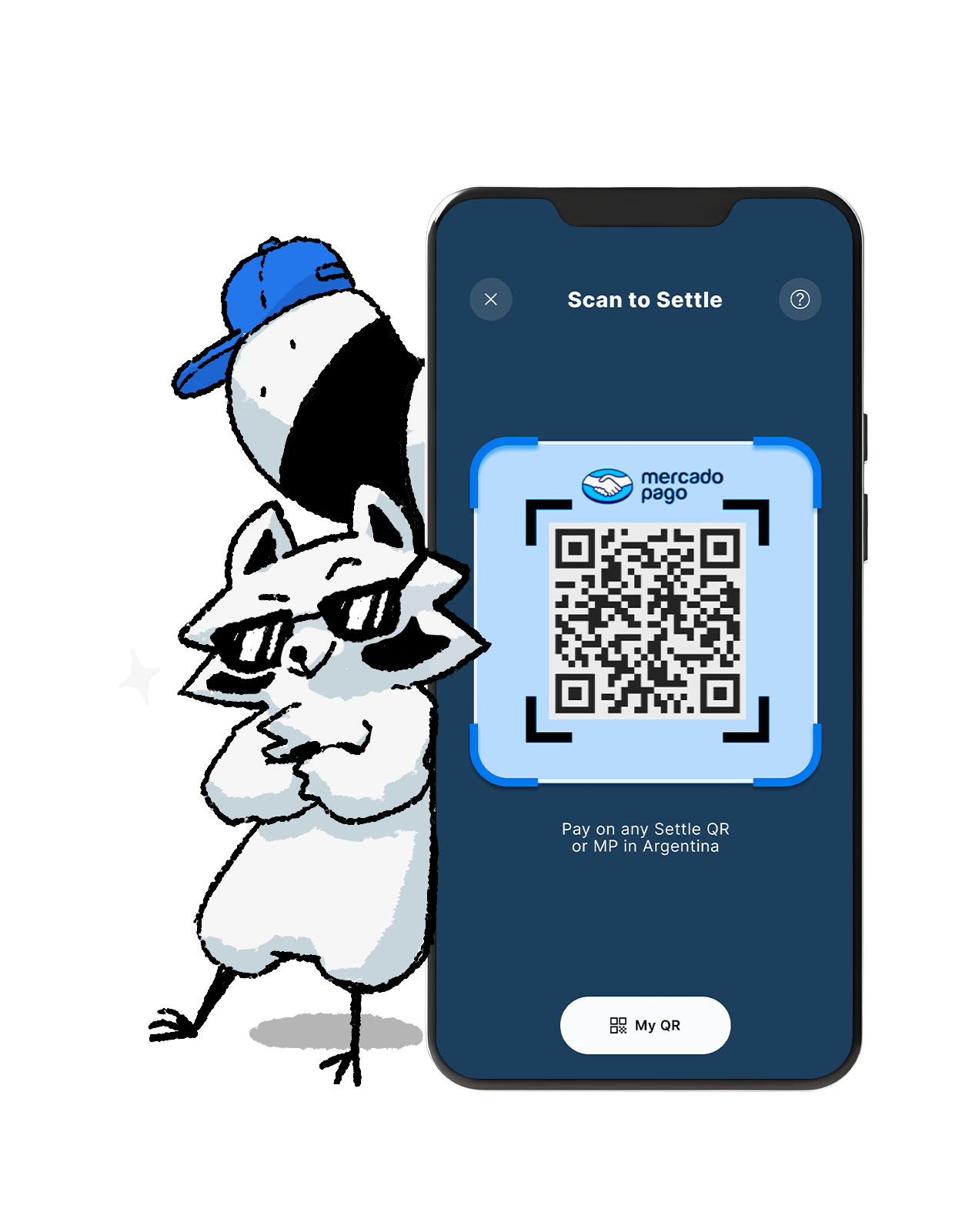 Scan to Settle - Character with phone showing QR scanner